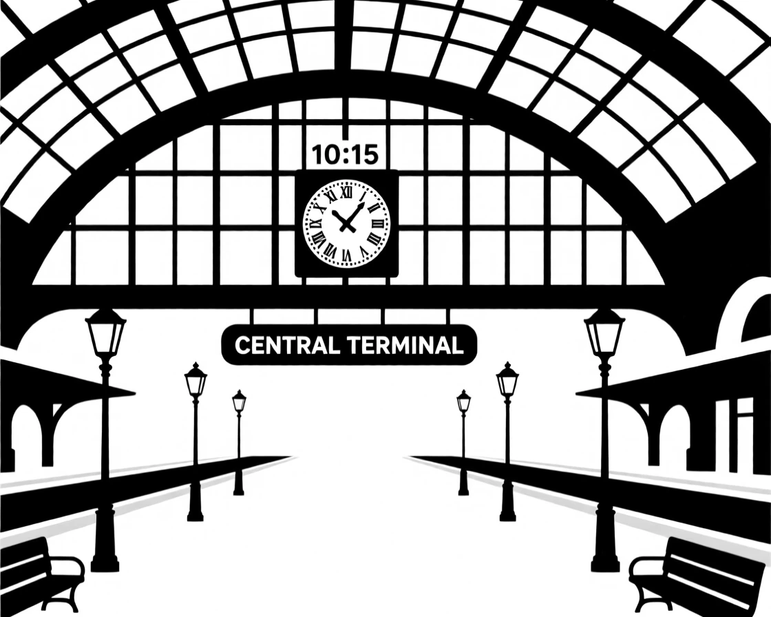 A grand train station with an arched glass ceiling.