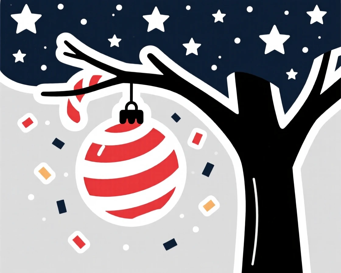 A cozy and heartwarming candy cane striped ornament hanging on a tree, surrounded by falling confetti, under a sky full of stars on a special night.