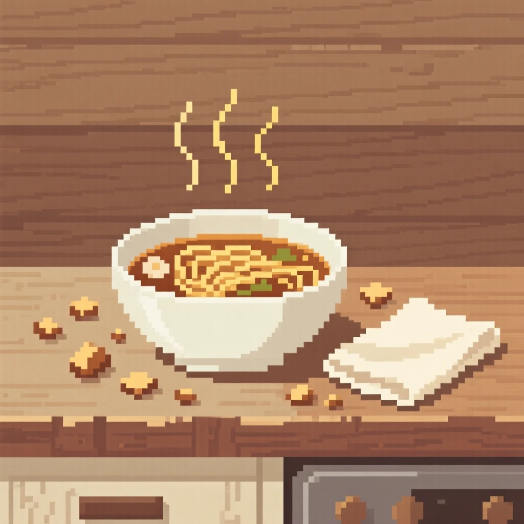 A steaming bowl of noodle soup surrounded by scattered crumbs and a napkin, on a farmhouse countertop.