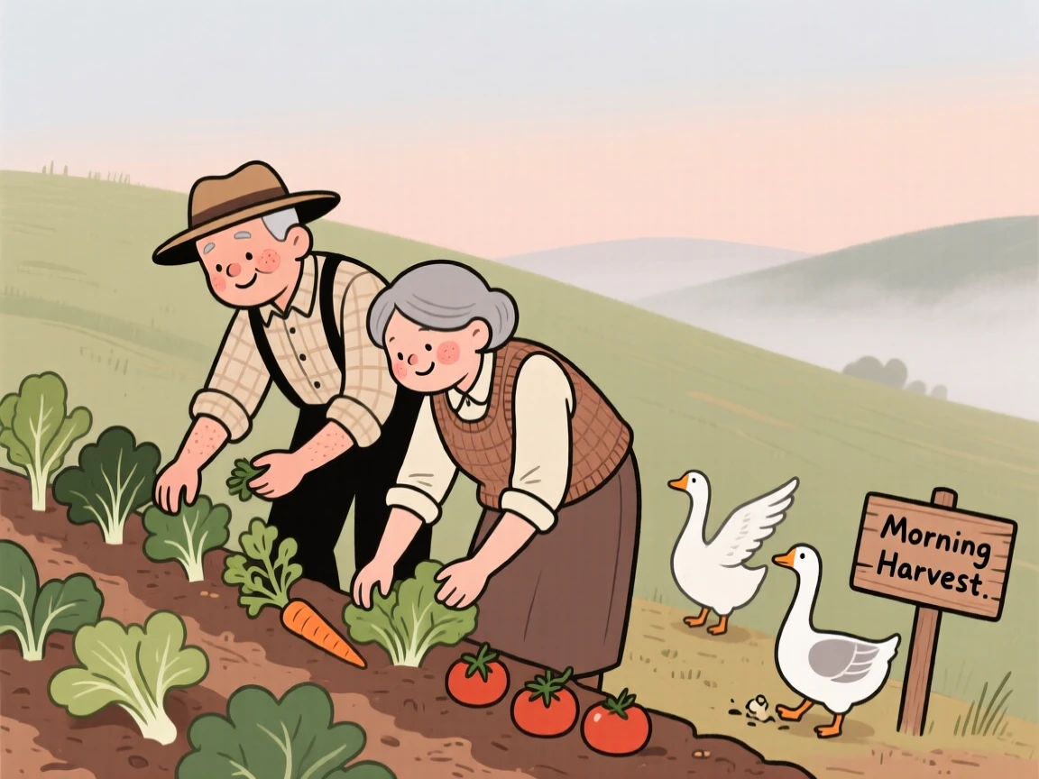 A elderly couple tends rows of fresh vegetables on a hillside field as geese wander nearby and the morning mist begins to lift.