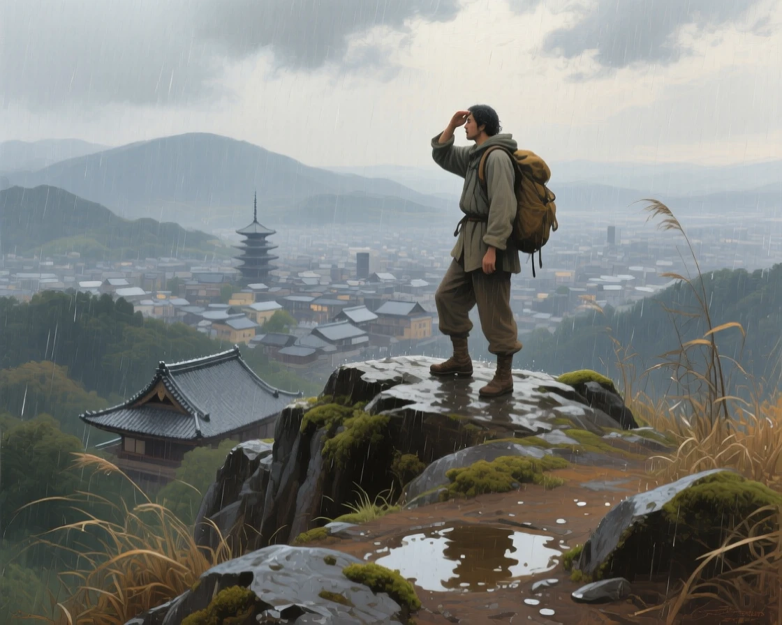 A balanced composition of a lone hiker pausing atop a windswept summit to admire the view, in old Kyoto, during a light rain.