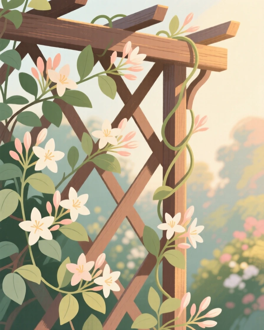A garden trellis covered in fragrant climbing jasmine