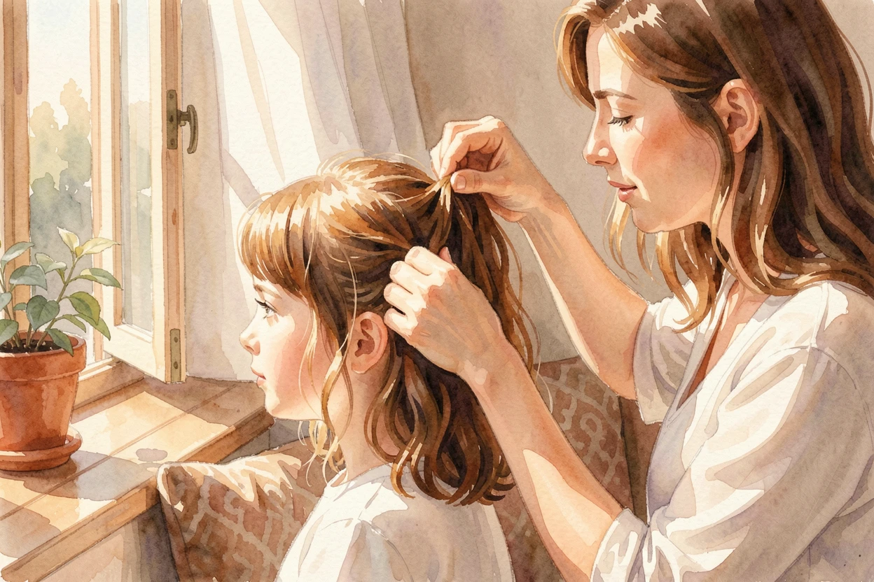 A mother braiding her daughter's hair by a sunny window.
