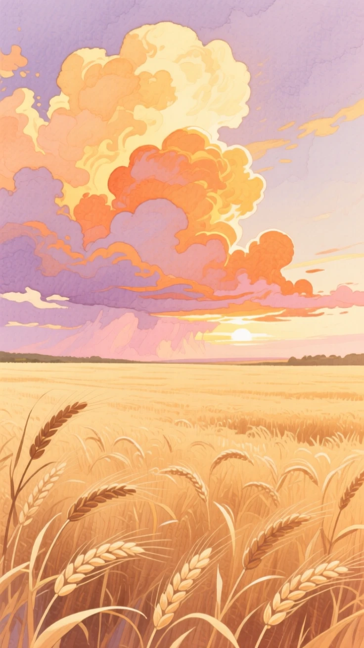 A vast wheat field rippling in the wind beneath a dramatic sky filled with golden storm clouds at sunset