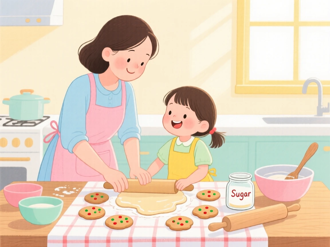 A heartwarming moment showing a mother and daughter baking cookies together.