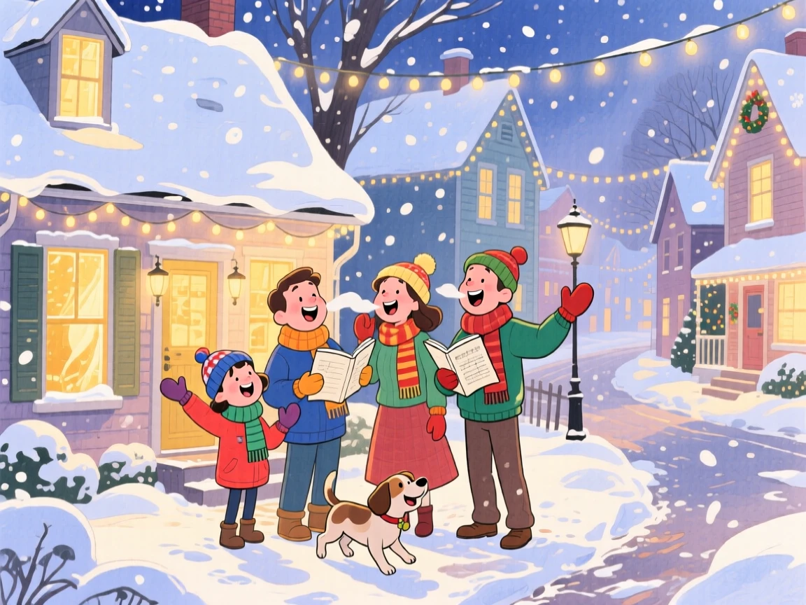 A family caroling together outside a snow-covered cottage, in a quaint village street strung with holiday lights, with a pet weaving happily through everyone's feet, evoking warmth and festive cheer.