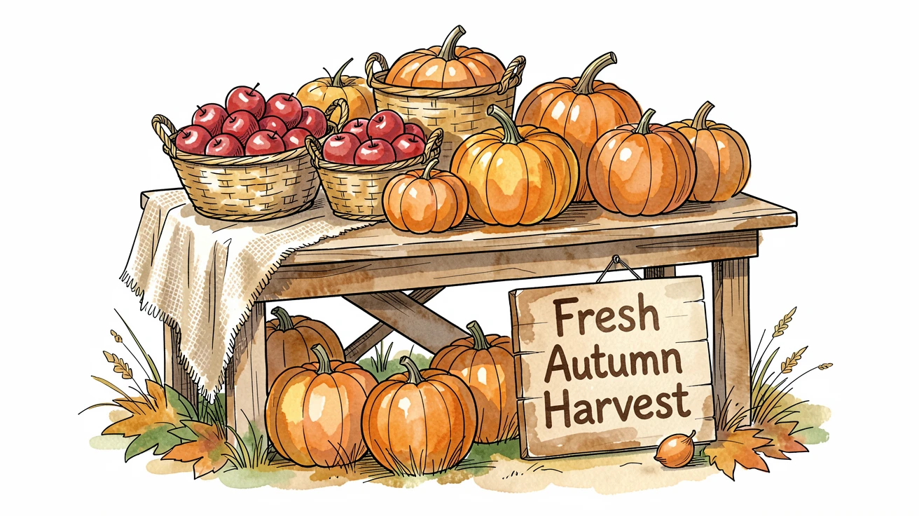 A harvest scene with baskets of apples and pumpkins at a farm stand, the mood cozy, joyful, and full of seasonal spirit.