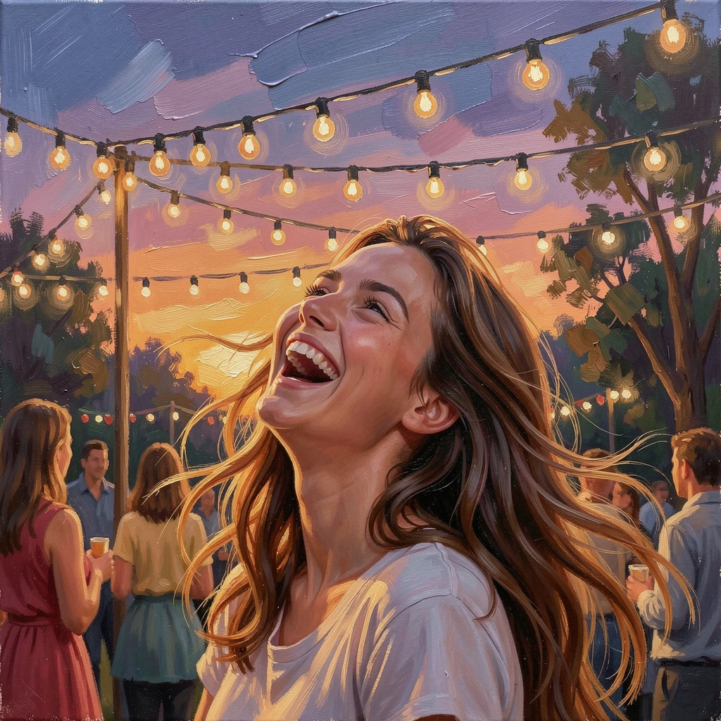 A young woman laughing joyfully with her head tilted back, beneath the warm glow of string lights at an outdoor gathering, wind catching loose strands of hair, at sunset, colors deepening across the sky.
