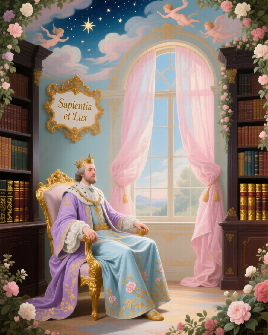 A king representing wisdom, seated in a library surrounded by books and stars  