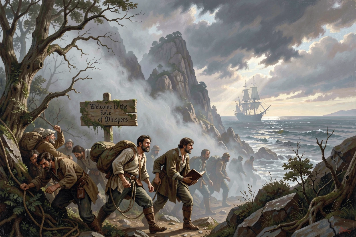 A ship's crew crosses a mysterious fog-shrouded island after weeks of difficult travel.