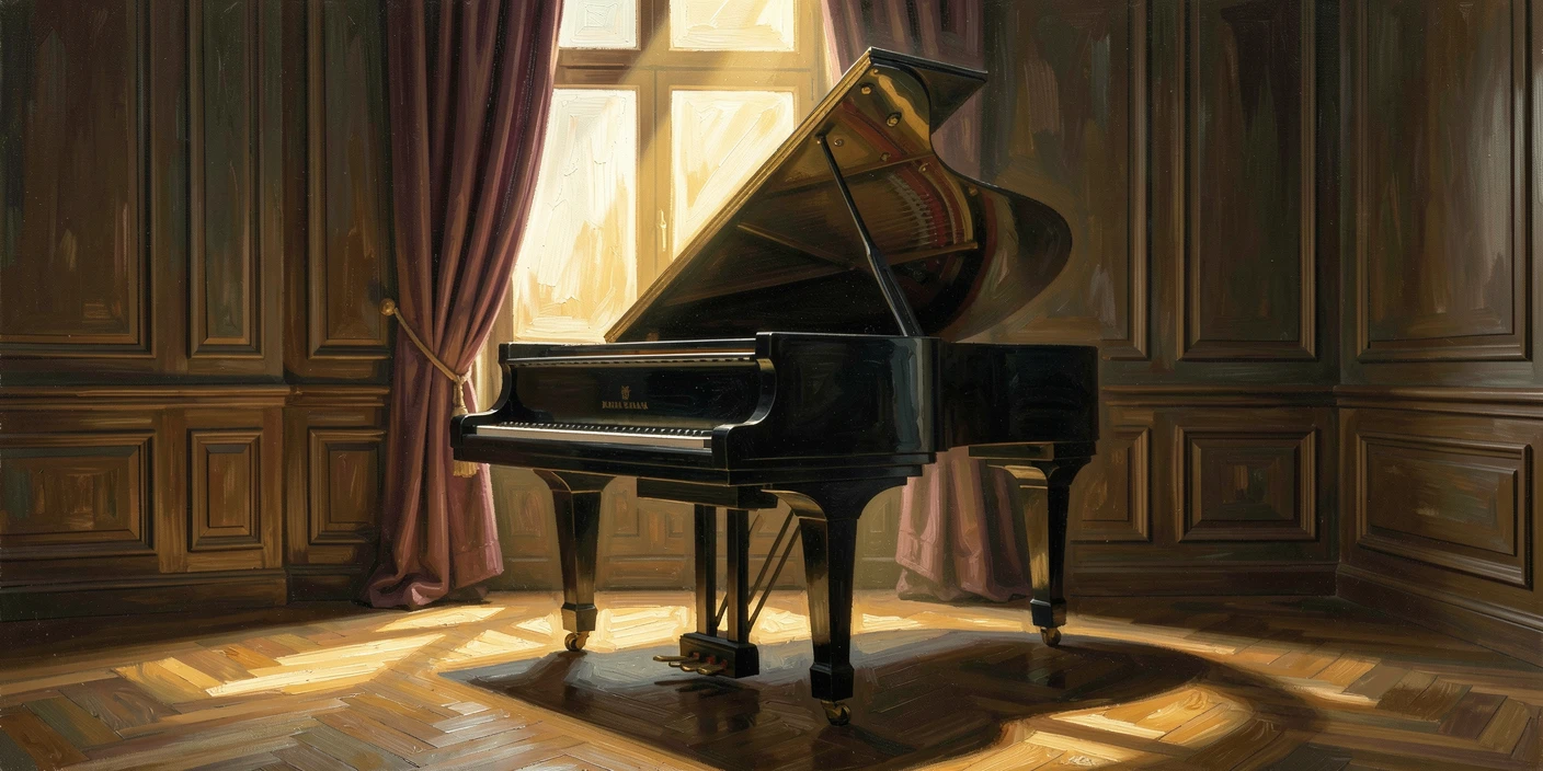 A grand piano beneath a shaft of golden light in an elegant room, as reflections shimmer subtly across polished surfaces, designed as a sophisticated piece for upscale interior decor