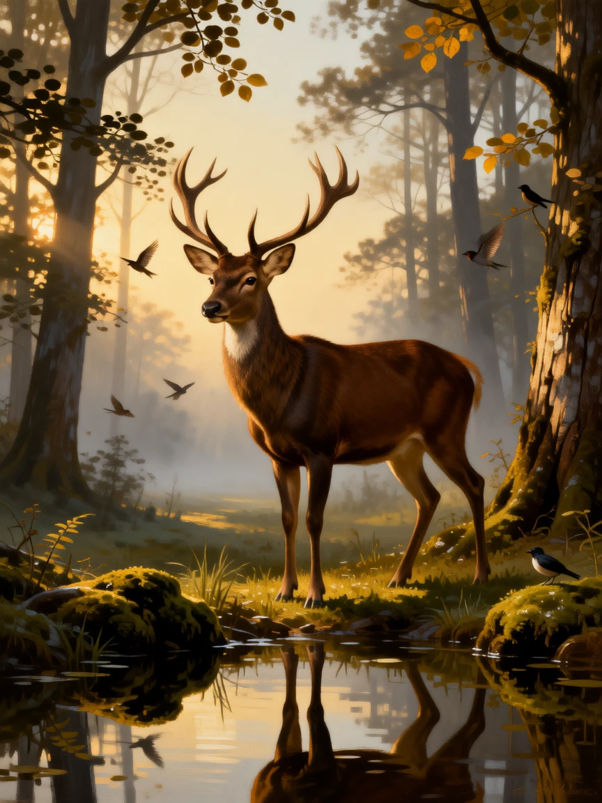 A majestic stag standing alert at the edge of a misty forest clearing as the golden light of dawn or dusk catches every detail, set within a sunlit forest clearing alive with birdsong, with reflections in still water doubling the beauty of the moment; soft depth of field isolates the animal against a dreamlike backdrop, capturing a quiet, breathtaking moment of wild grace.