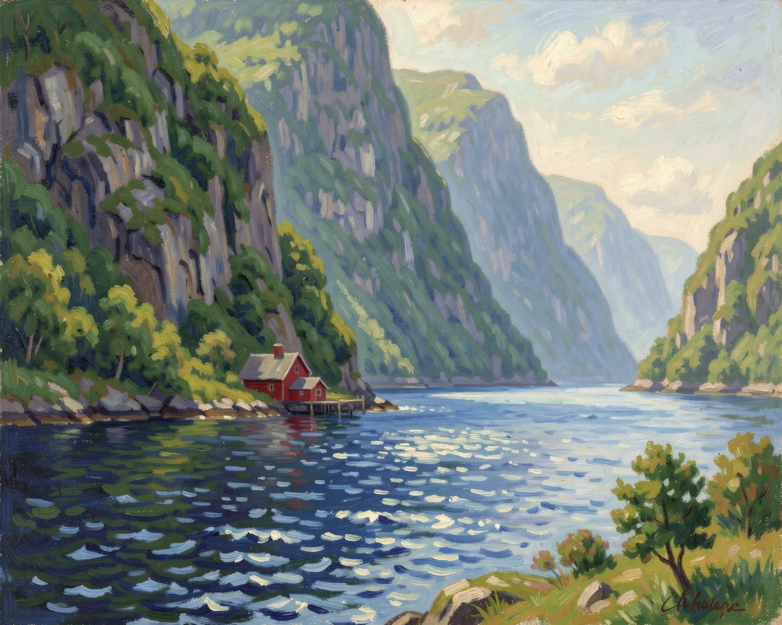 A dramatic fjord with steep green cliffs plunging into deep blue water, a small red cabin perched near the shore, conveying a feeling of romance and tranquility.