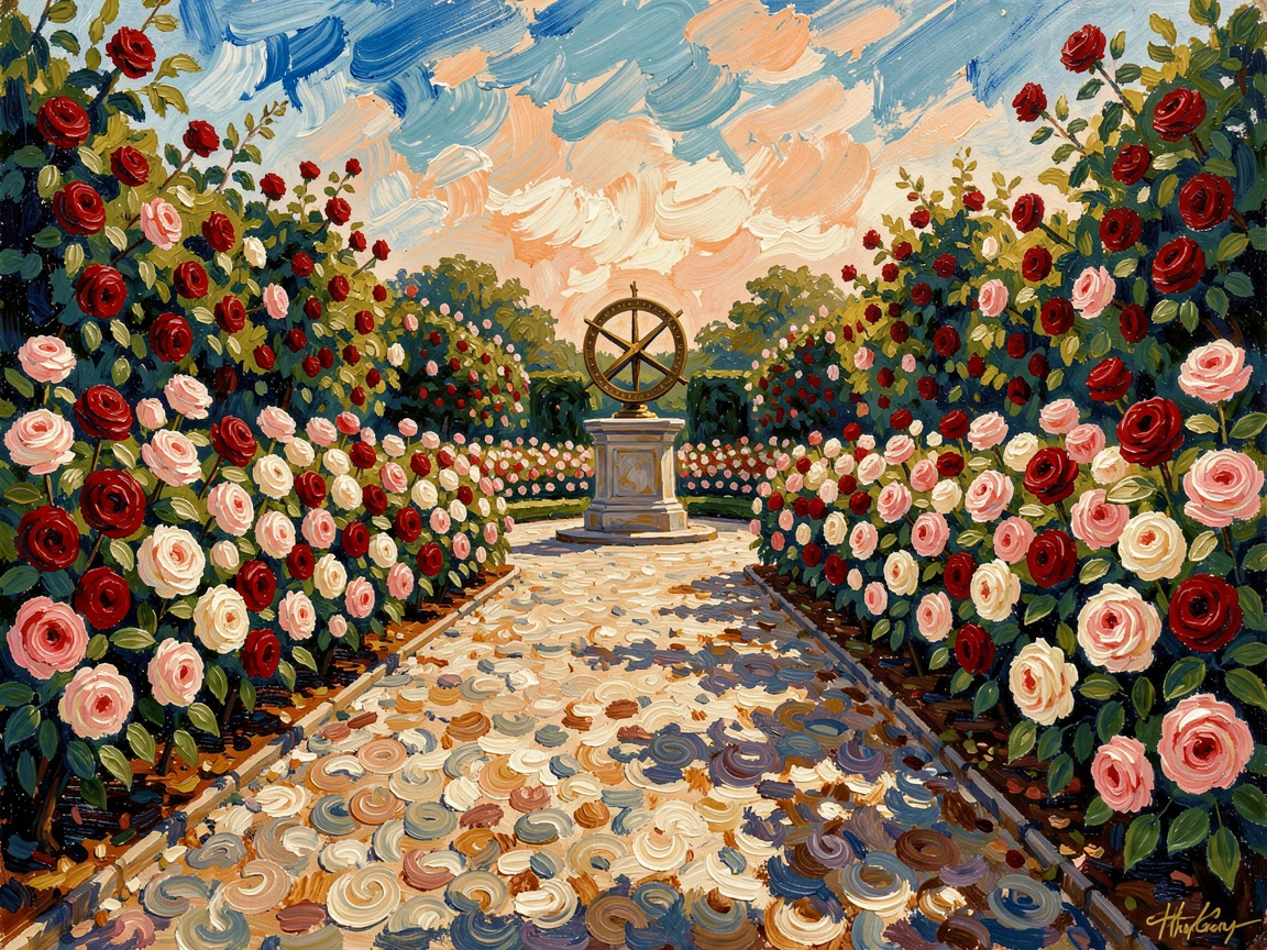 A formal rose garden with gravel paths leading to a central sundial.