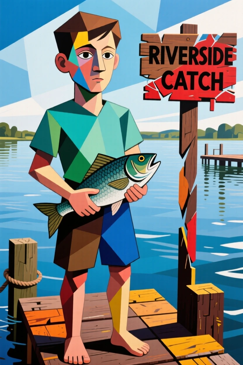 A young boy proudly showing off a freshly caught fish at a riverside dock.