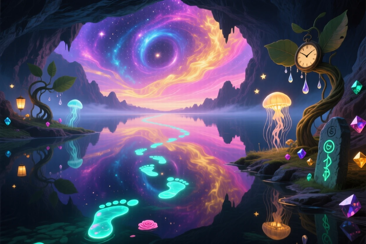 A cavern lake so still it seems to hold a second universe stretches endlessly beneath a sky of shifting colors, while a trail of glowing footprints marks a path forward.