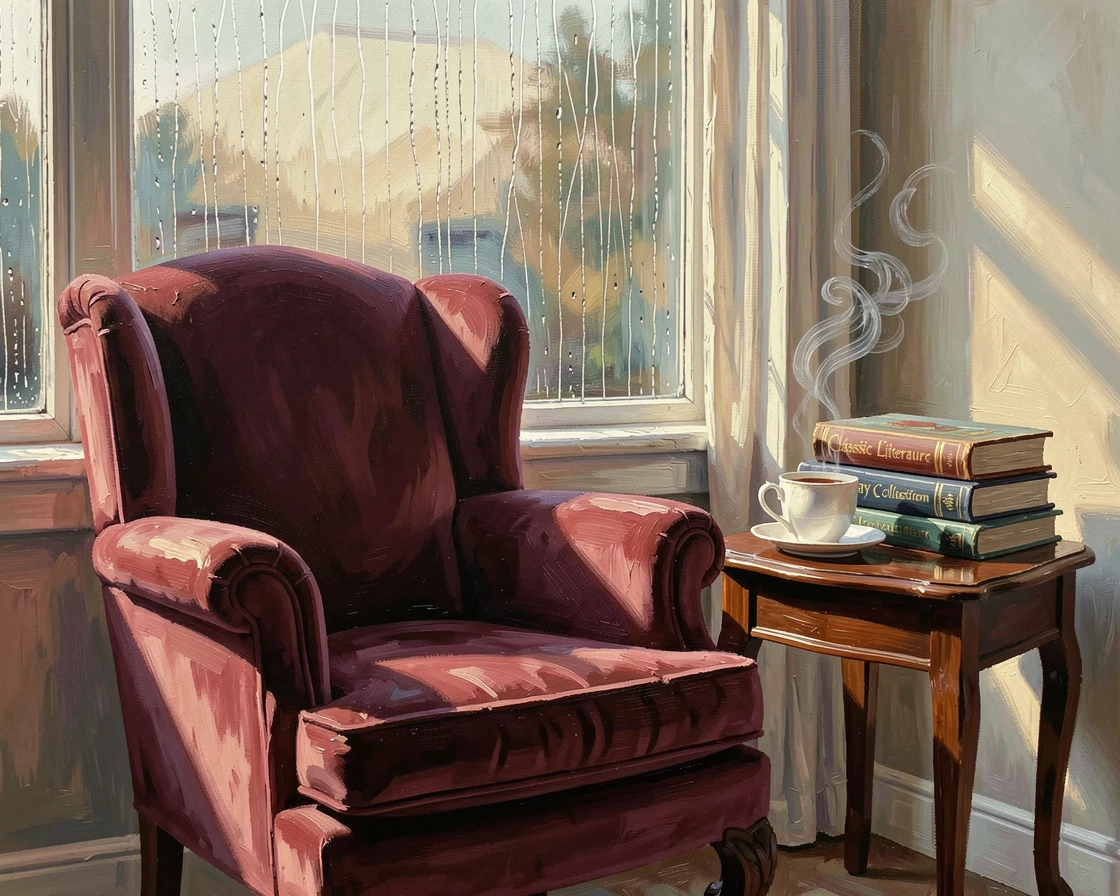 A cozy reading nook beside a rain-streaked window shows a plush armchair, a stack of books, and a steaming cup of tea on a side table, the changing light of the hour casting long shadows that add depth to every surface.