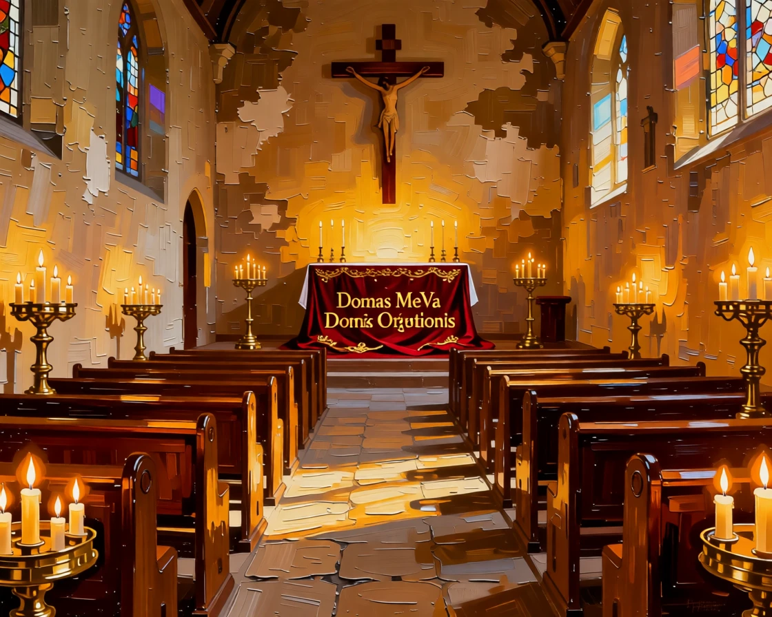 A quiet chapel filled with rows of flickering votive candles