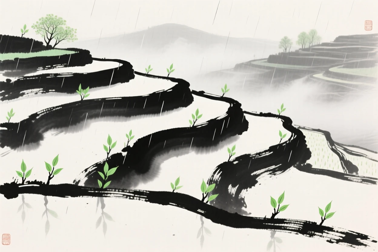 New green shoots emerge across a terraced hillside after the first spring rain, with mist rising softly from the awakening fields.