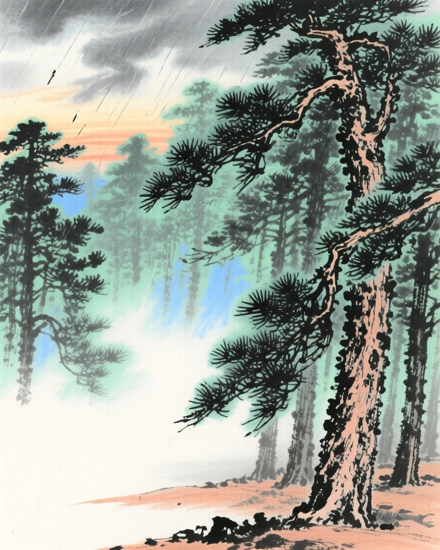 A dense pine forest blanketed in morning fog, under clearing skies after a storm, at dusk.