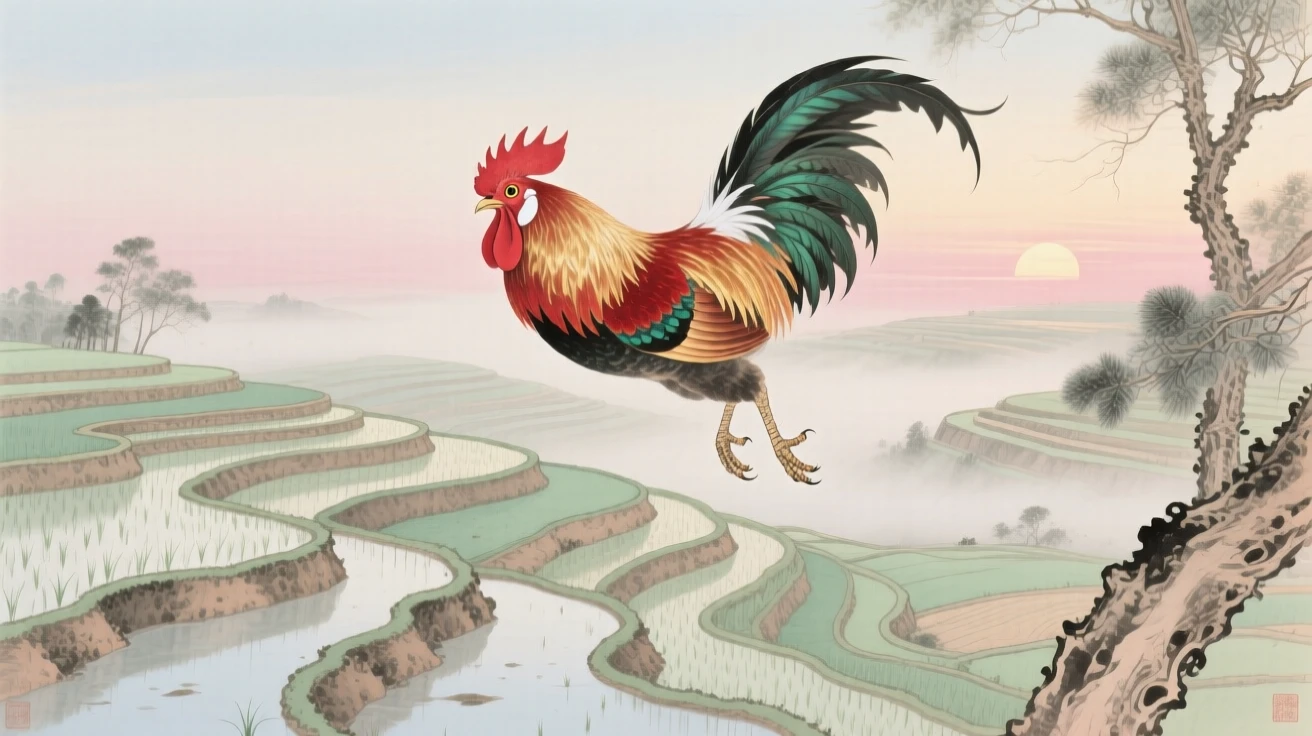 A rooster at dawn soaring above terraced rice paddies, soft morning light filtering through the branches