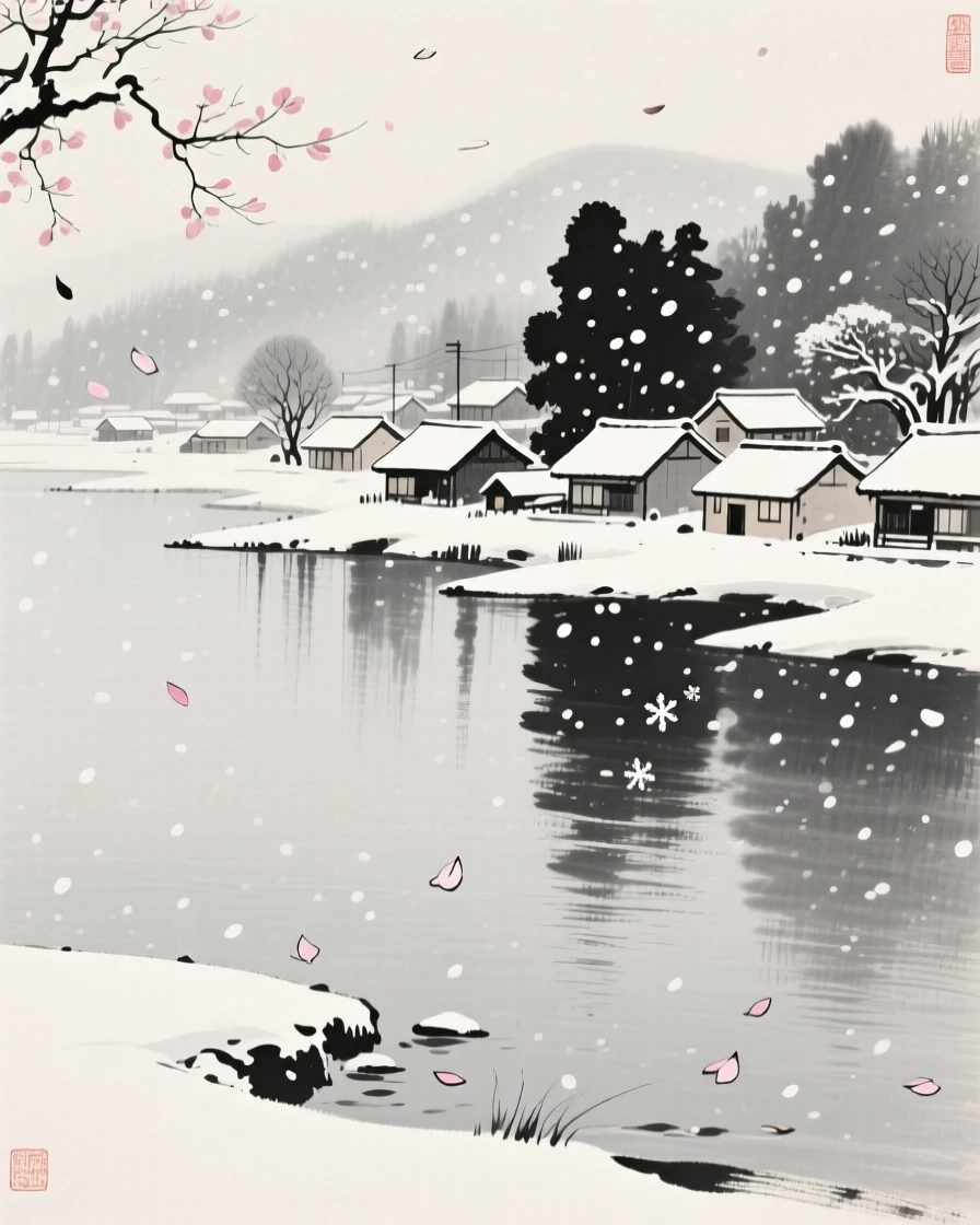 A winter snowfall blanketing a sleeping village along the shore of a calm lake, framed through drifting petals or falling snow for depth, capturing the quiet magic of a changing season.