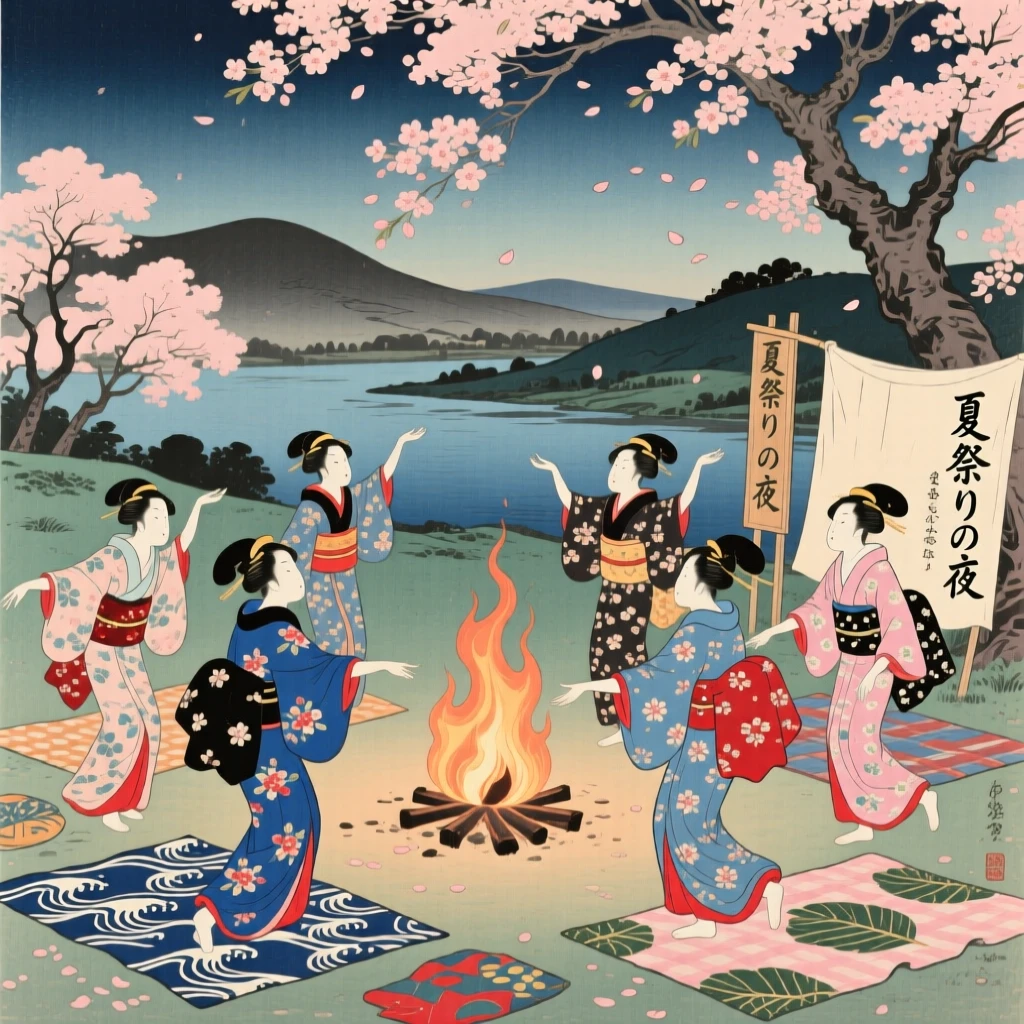 Dancers around a bonfire spread on picnic blankets beneath blooming trees.