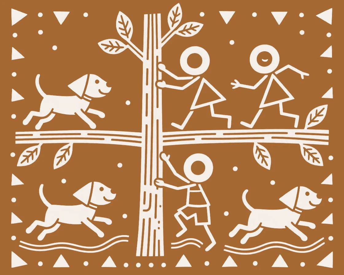 A group of playful puppies chasing children climbing a low tree branch for fun.