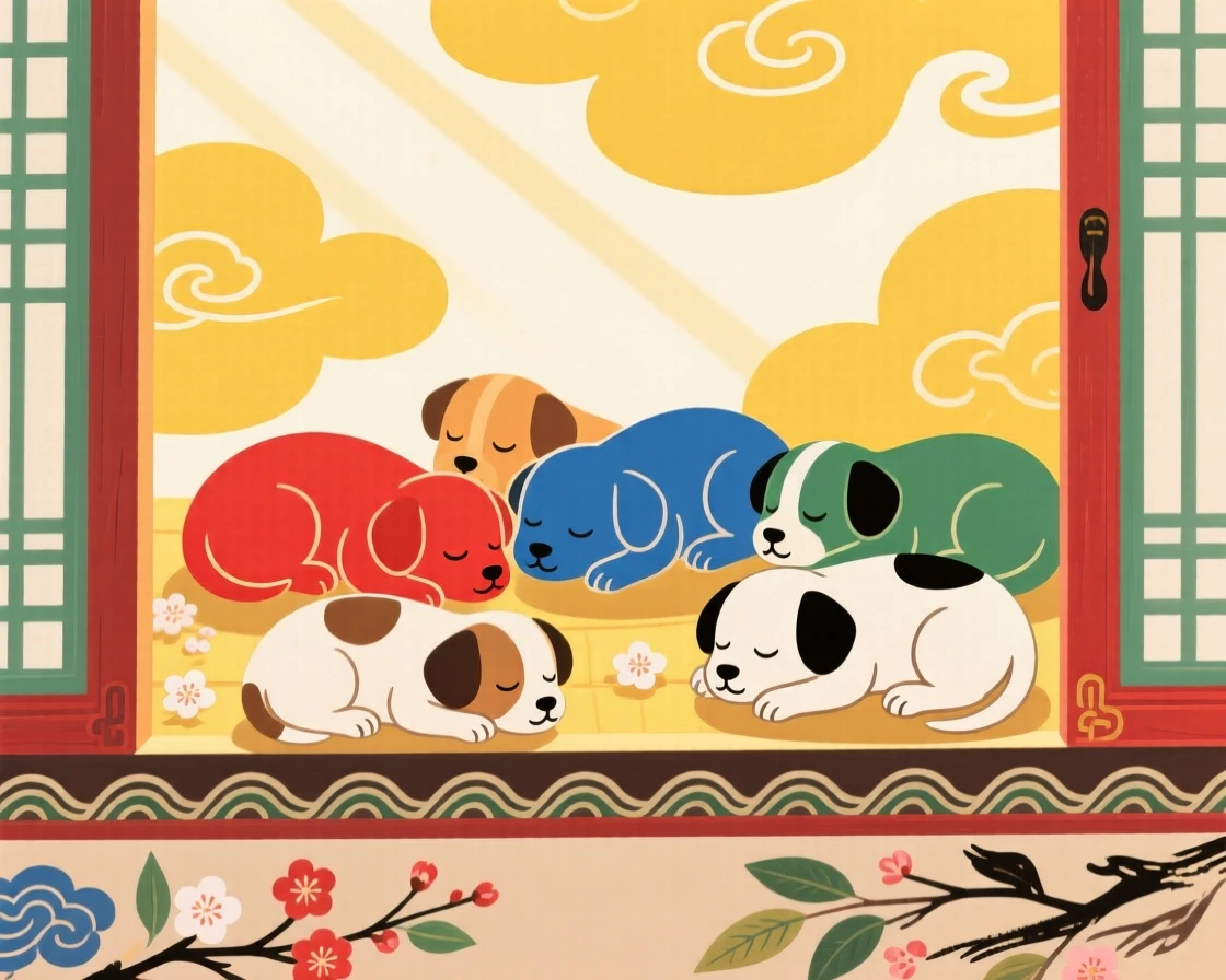 A litter of puppies napping in a sunlit windowsill.