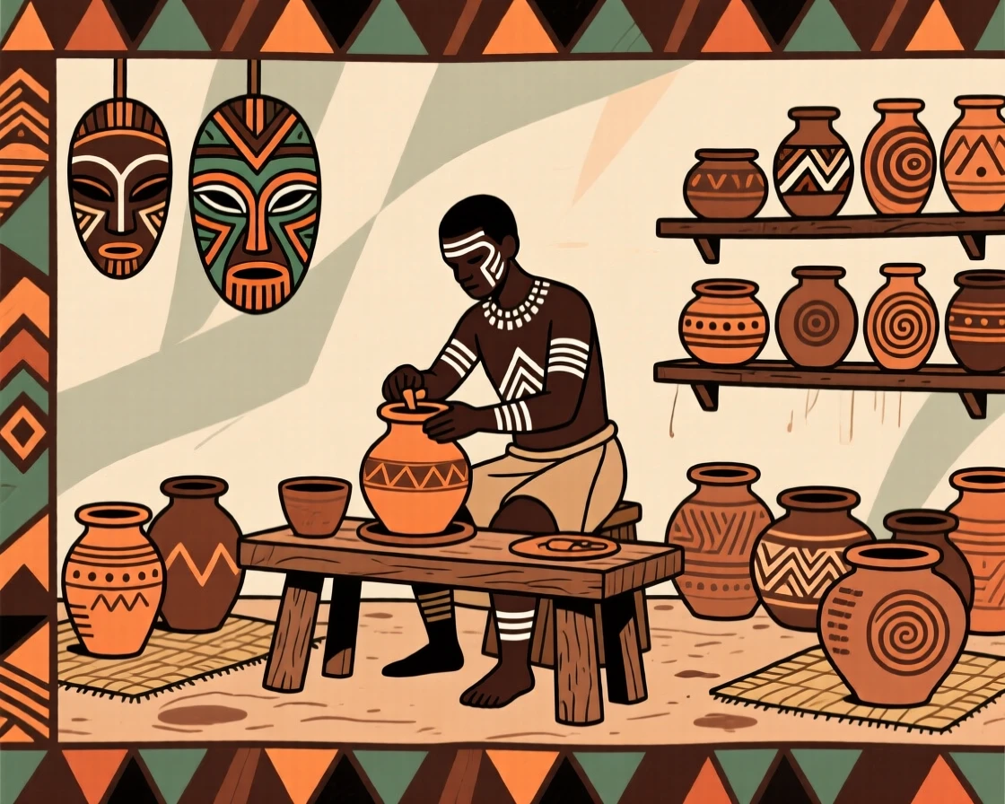 A potter's workshop filled with drying clay vessels.