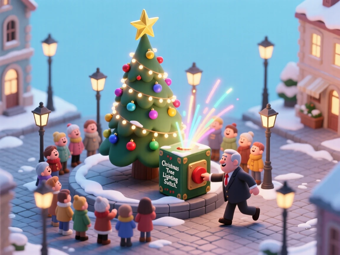 A Christmas tree lighting ceremony in a town square, a crowd gathered as the switch is flipped and lights burst to life.