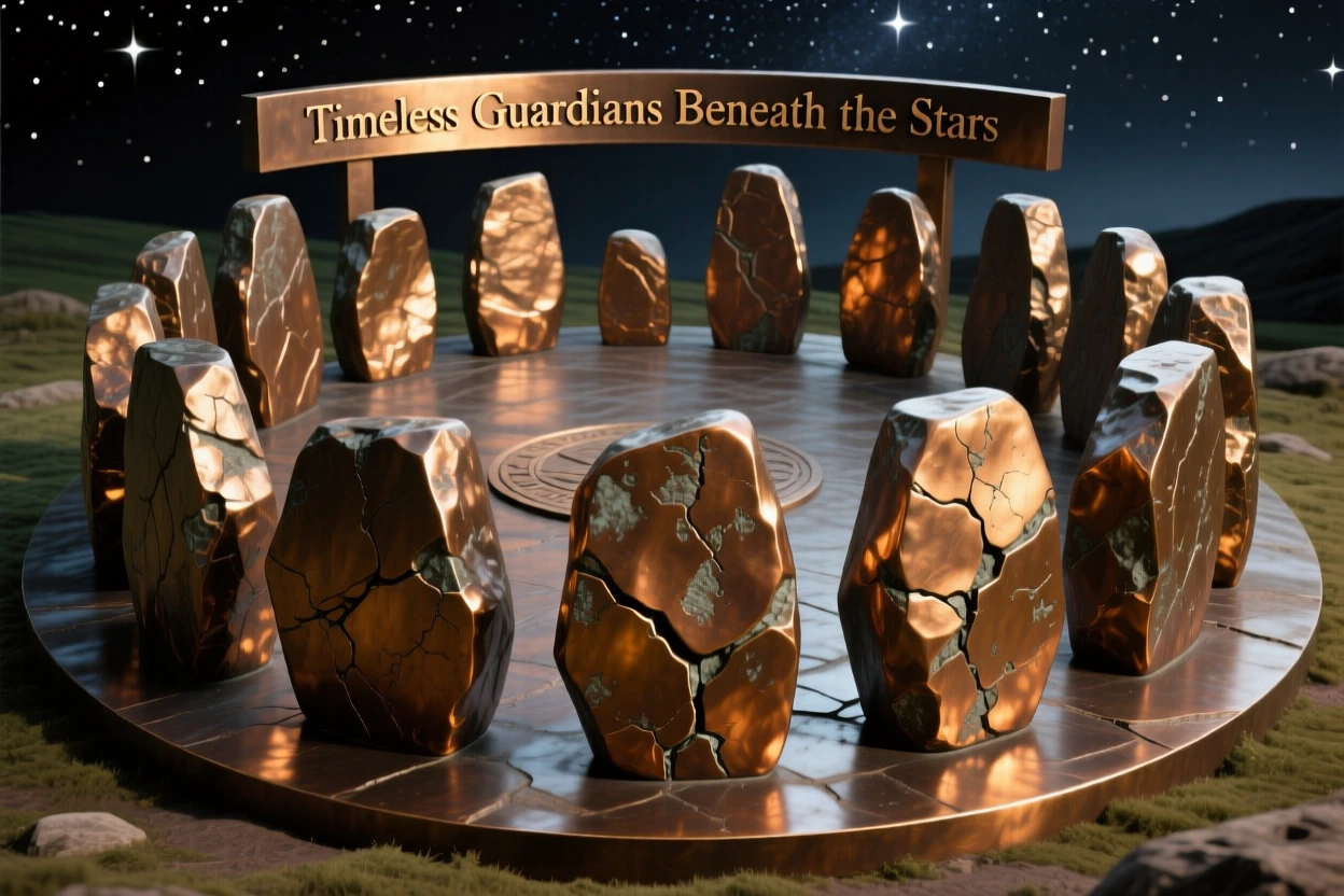 An ancient stone circle standing beneath a starlit sky, captured with dramatic, sweeping perspective, exuding timeless grandeur