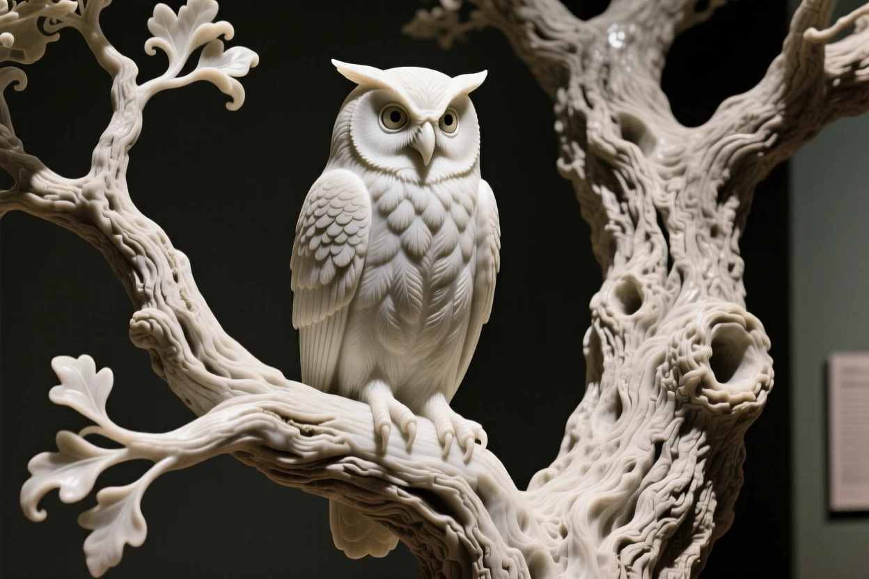An evocative depiction of a wise old owl perched in an ancient oak, captured with cinematic depth and detail, balancing detail with emotional depth