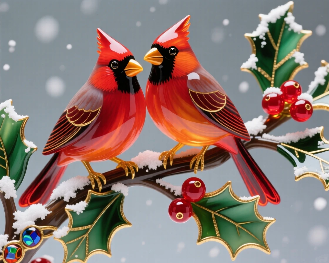A pair of cardinals perched together on a snow-dusted holly branch, vivid and cheerful.