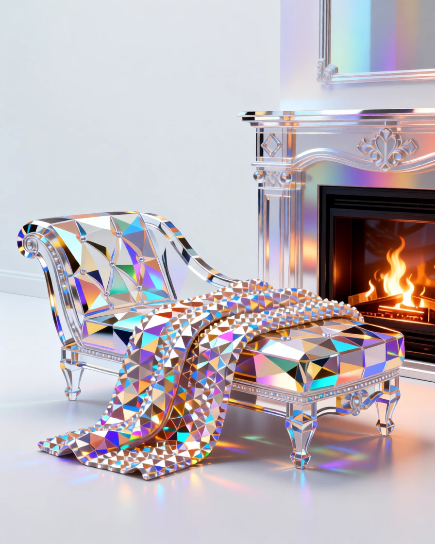 A luxurious cashmere throw blanket draped over a chaise lounge by a fireplace.