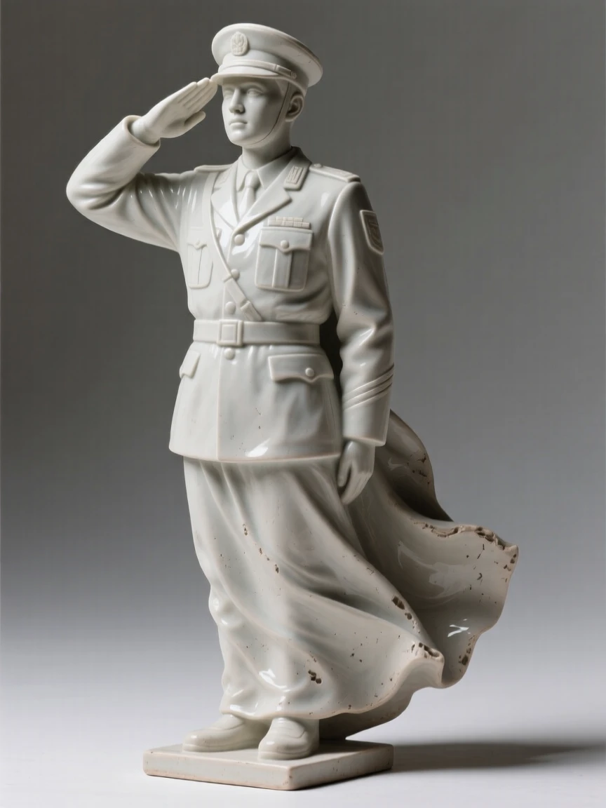 A soldier saluting with quiet solemnity captured in a fleeting moment of pure emotion, draped in flowing garments that ripple with movement, radiating grace, strength, and inner peace.