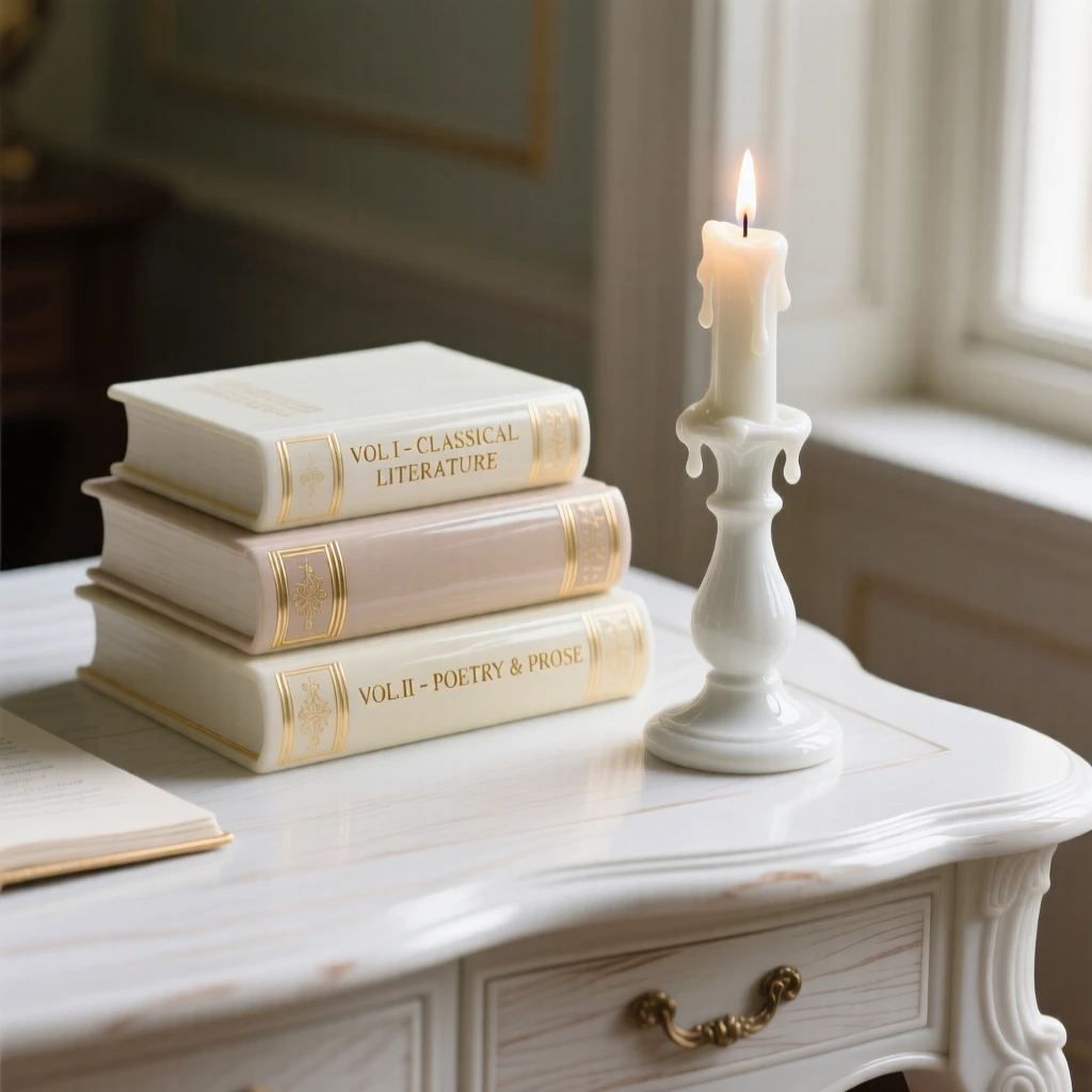 A refined still-life arrangement of antique books and a burning candle on an antique writing desk, soft window light falling across the scene.