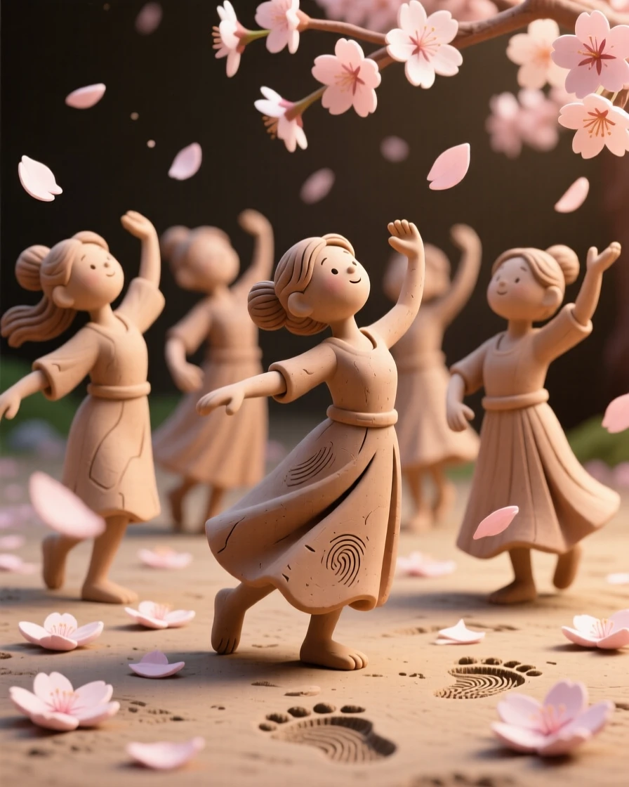 A group of dancers performing beneath falling cherry blossoms