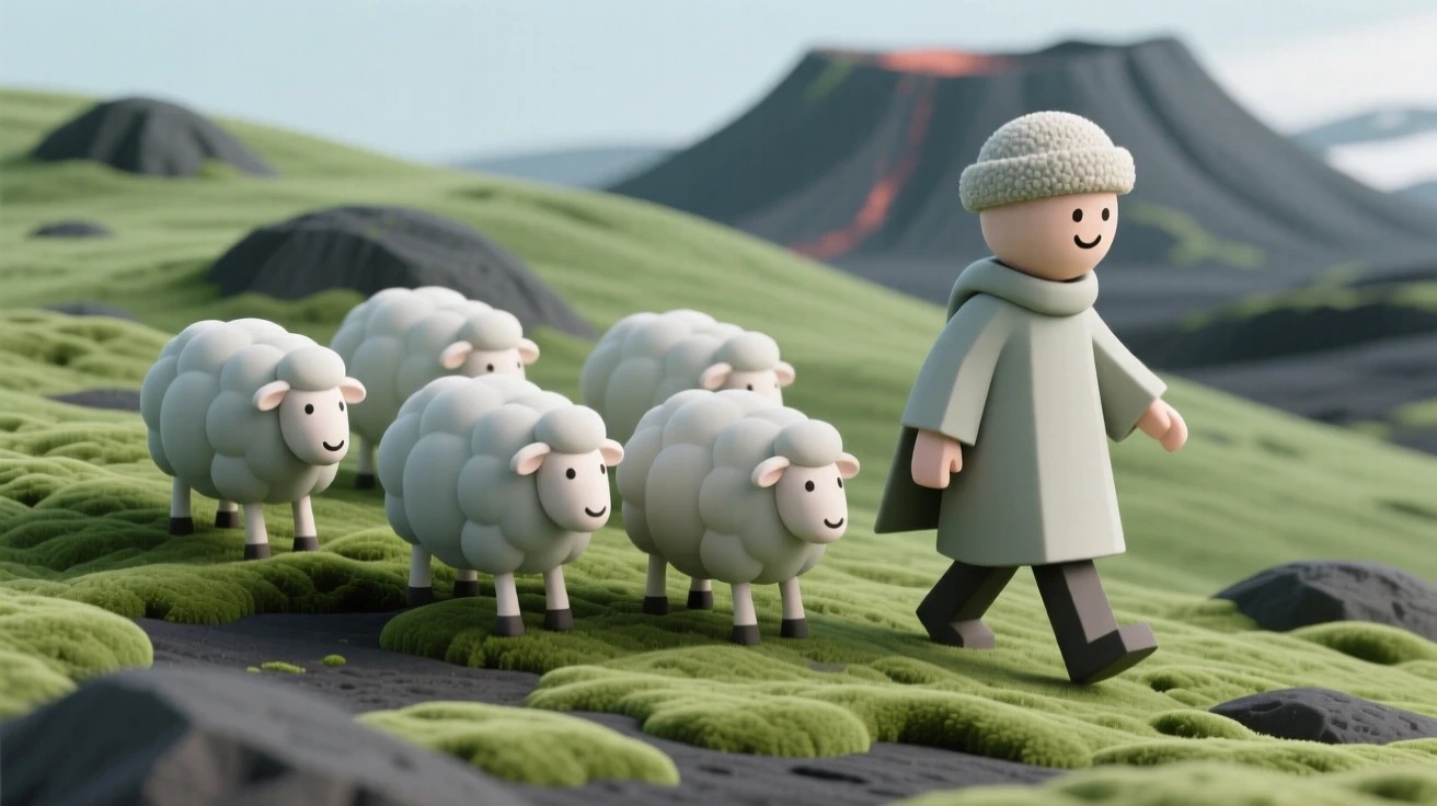 A gentle Icelandic shepherd guides a flock of woolly sheep across a mossy volcanic hillside.