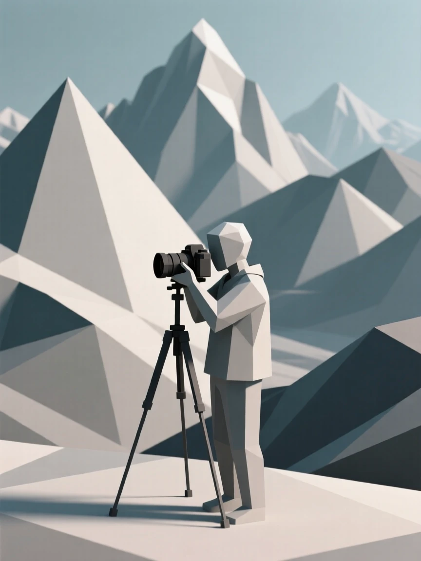 A photographer capturing a sweeping mountain vista, surrounded by towering mountains. a shallow depth of field keeps the action sharply in focus. A quiet passion fills the moment.