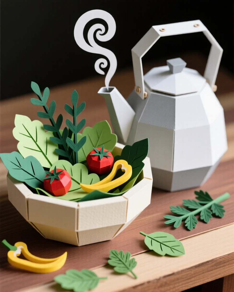 A vibrant bowl of fresh salad set beside a steaming kettle, with fresh herbs scattered on top, conveying fresh, wholesome appeal.