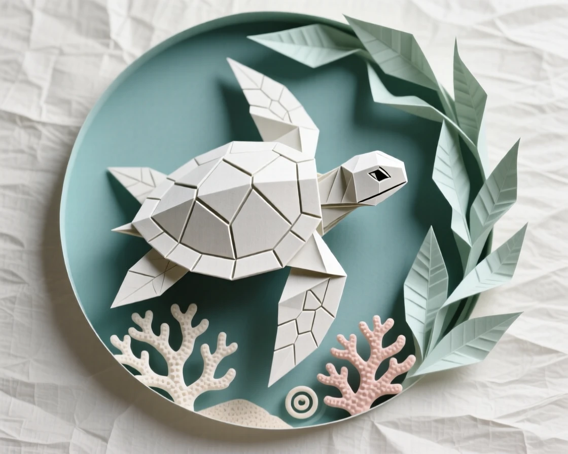 A stylized sea turtle swimming within a circular frame of coral and seaweed.