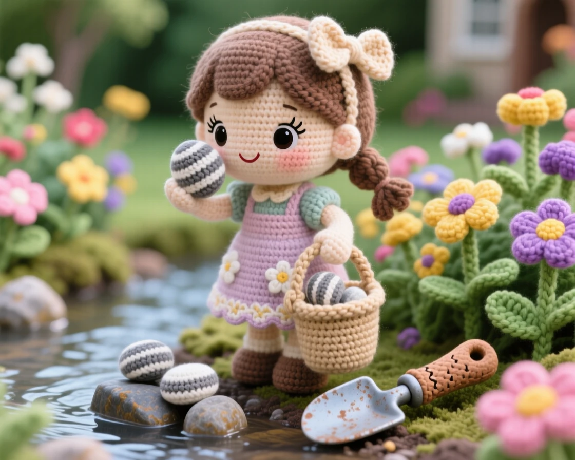 a little girl collecting rocks by a stream, with a small bucket in hand, examining a smooth striped stone, in a home garden bursting with blooms, with a favorite well-worn tool resting close by, radiating patient concentration and creative satisfaction.