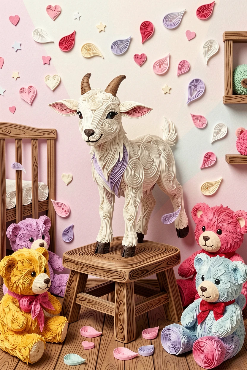 A heartwarming scene of a baby goat balancing on a small wooden stool in a cozy nursery filled with soft toys, arranged with the subject slightly off-center for balance, surrounded by drifting flower petals.