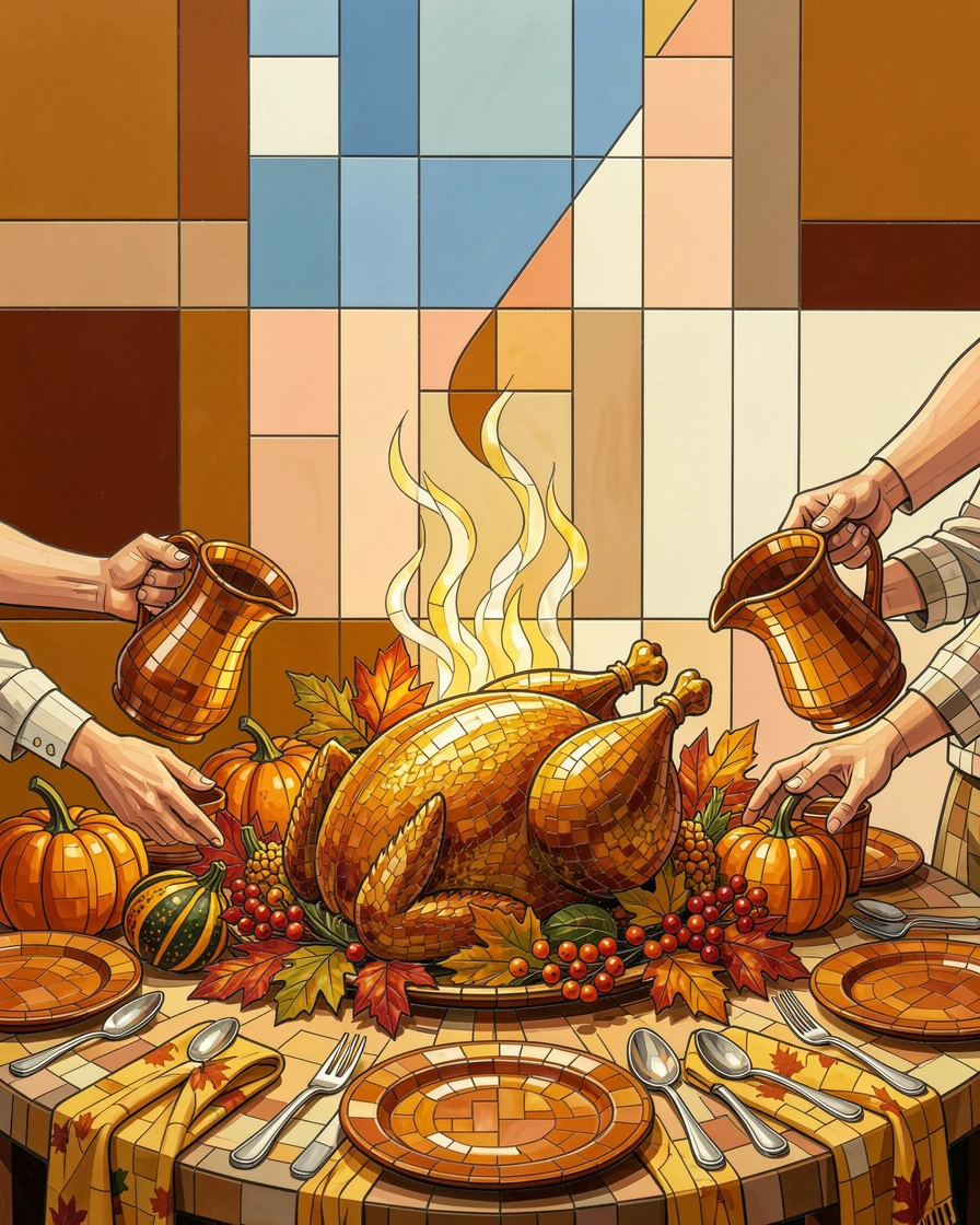 A thanksgiving table set with a golden roasted turkey and autumn decor, filled with warm light, motion, and joyful energy.