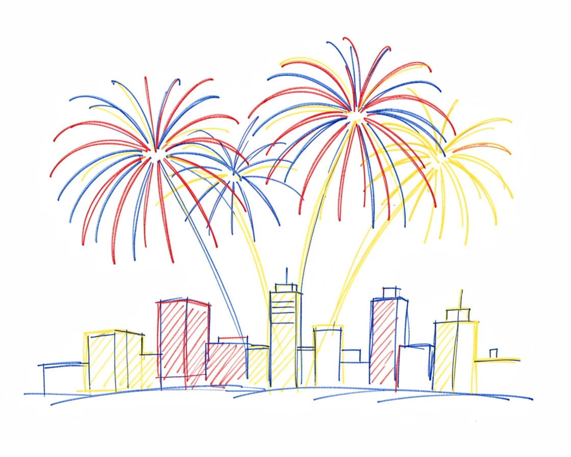 A New Year's Eve fireworks display bursting over a city skyline