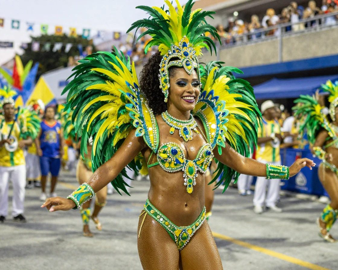 A Brazilian samba dancer in a feathered carnival costume