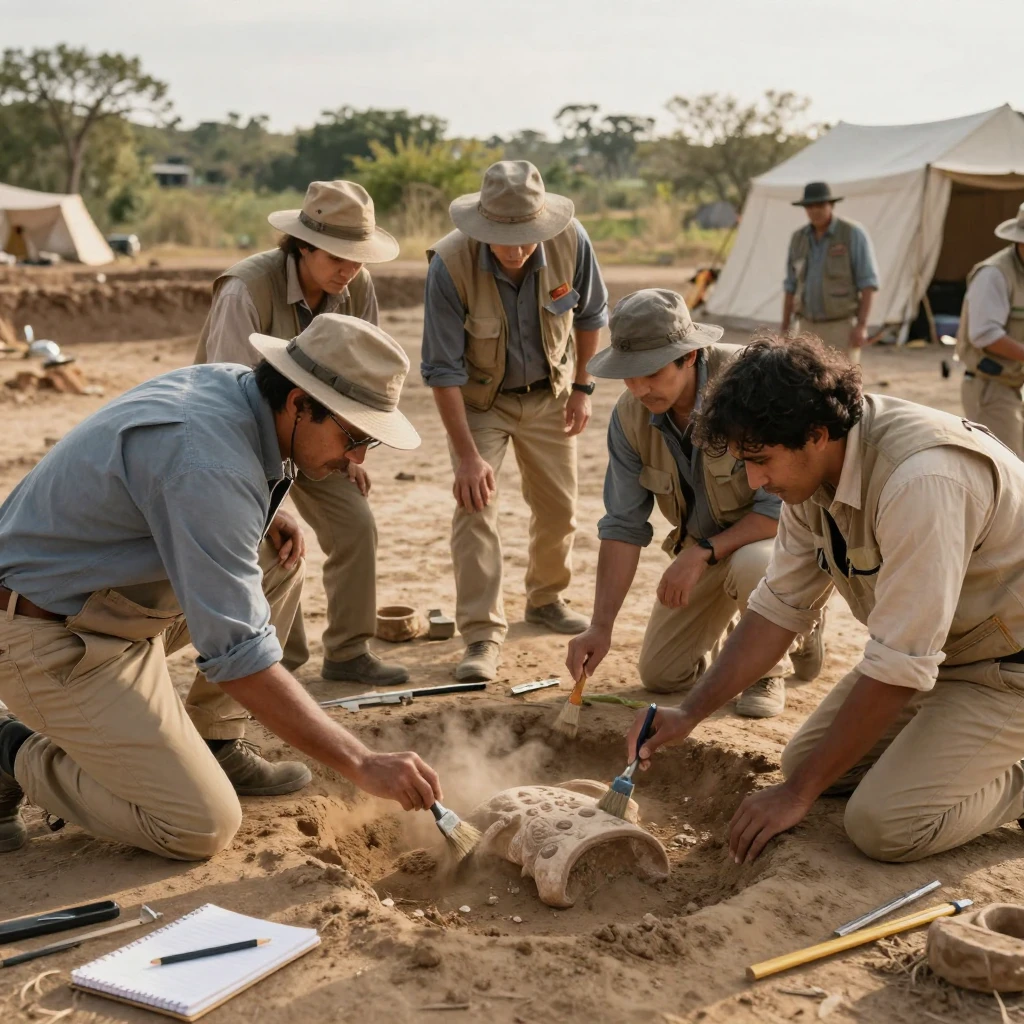 A group of archaeologists brushes dust away from a newly uncovered ancient artifact.