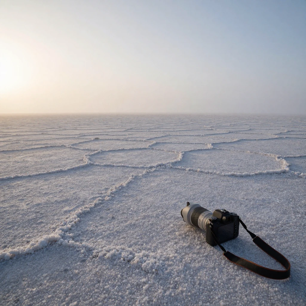 A vast salt flat stretching to the horizon, stretching endlessly wrapped in a thick blanket of morning fog