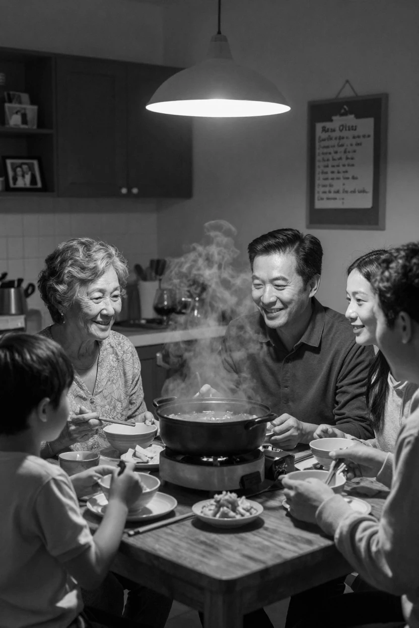 A family gathers around a steaming hot pot at a cozy dinner table.